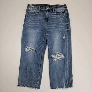 Judy Blue Wide Leg Crop Jeans Women's 32 Light‎ Wash Distressed Denim High Rise
